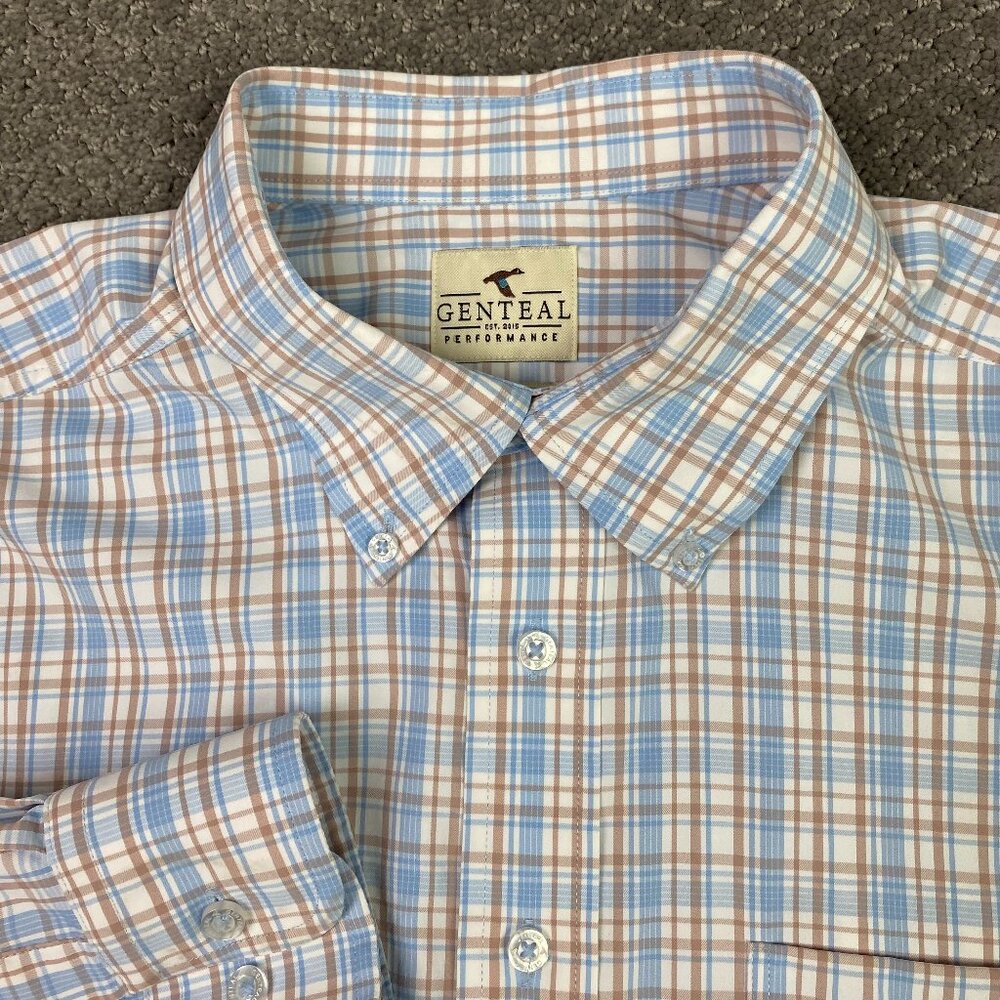 Genteal Performance Shirt Mens Large White Blue Brown Button Up Down Front Plaid